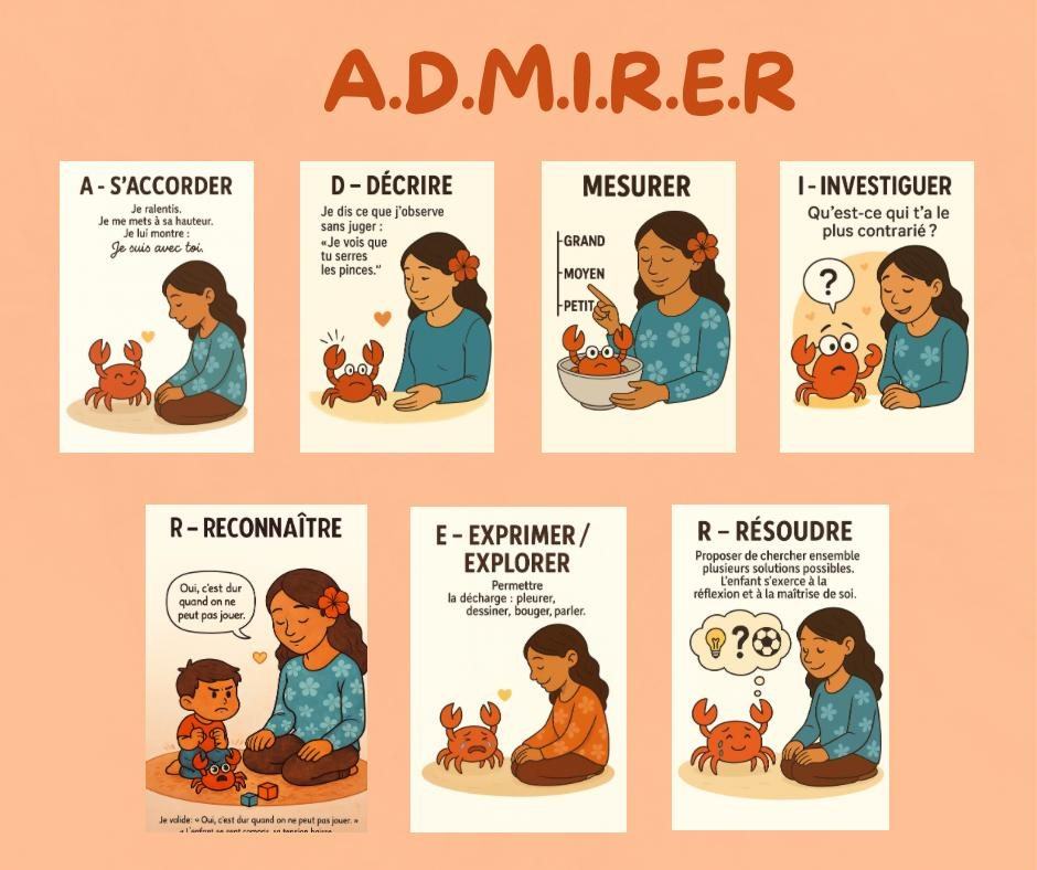 Les sept étapes de la méthode A.D.M.I.R.E.R illustrées avec une maman et le petit crabe