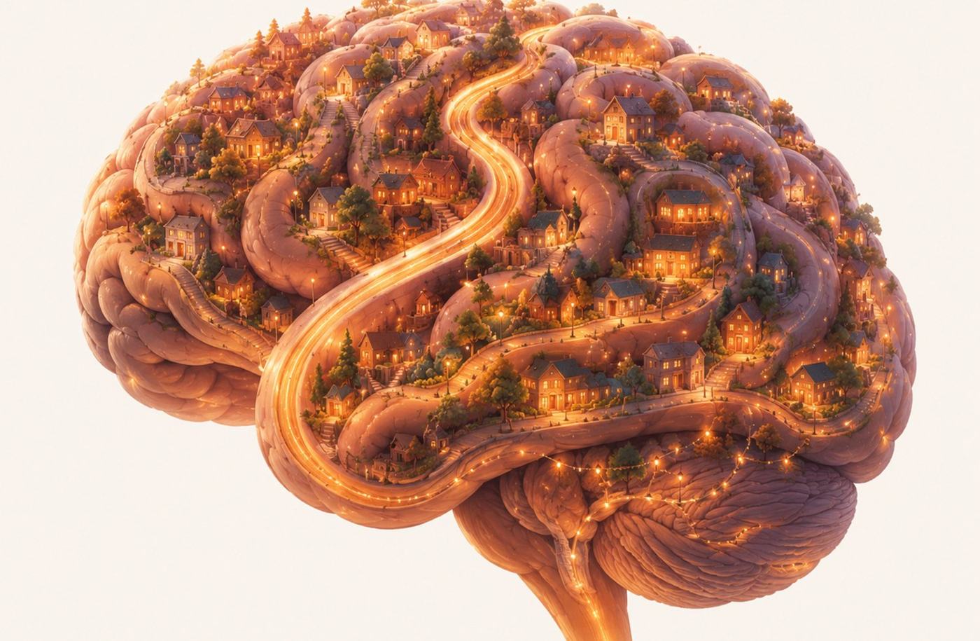 Illustration d'un cerveau couvert de petites maisons éclairées, reliées par des chemins lumineux