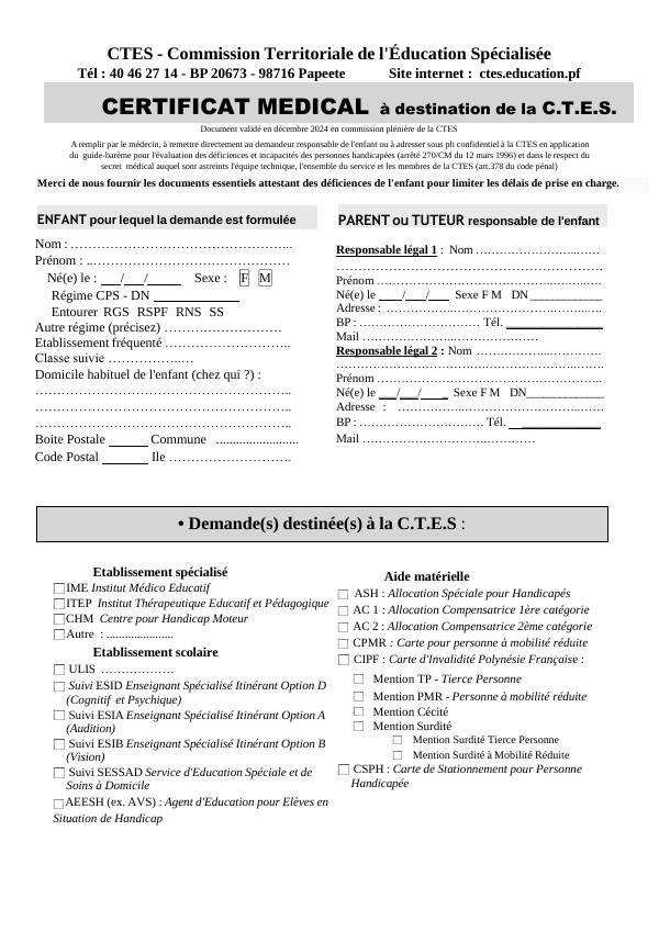 Aperçu du certificat médical pour la CTES