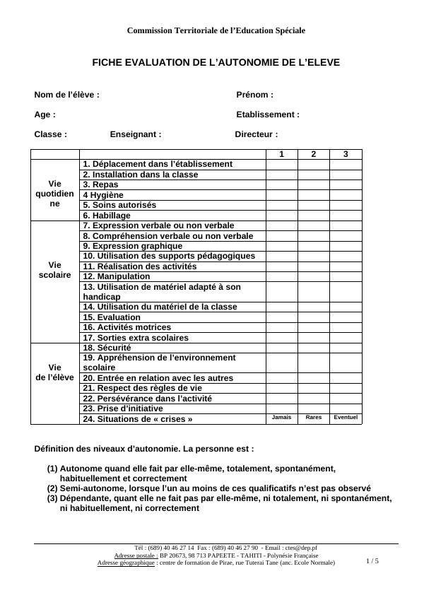 Aperçu de la fiche d'évaluation de l'autonomie de l'élève