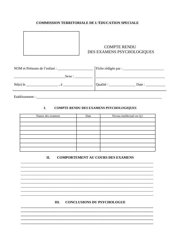 Aperçu du compte rendu des examens psychologiques