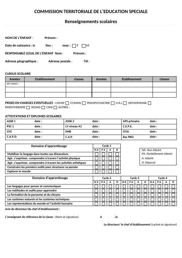 Aperçu de la fiche de renseignements scolaires
