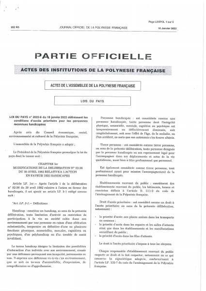 Première page de la loi du pays n° 2022-6 au Journal officiel