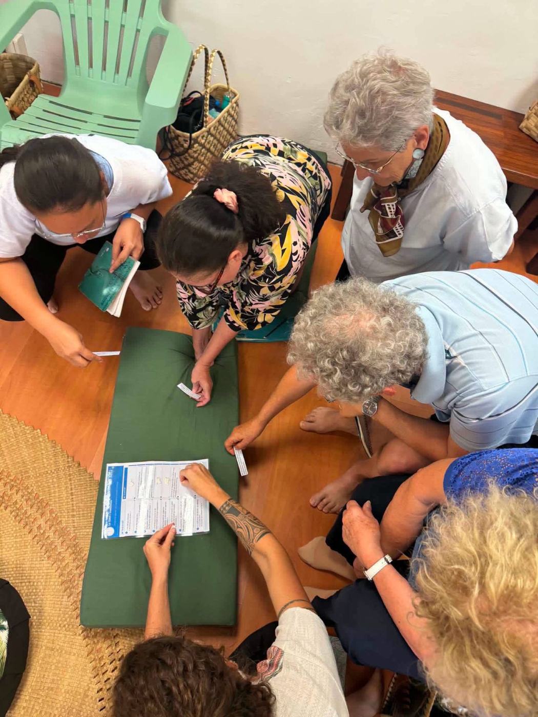 Participants penchés sur un exercice de cartes posé sur un coussin