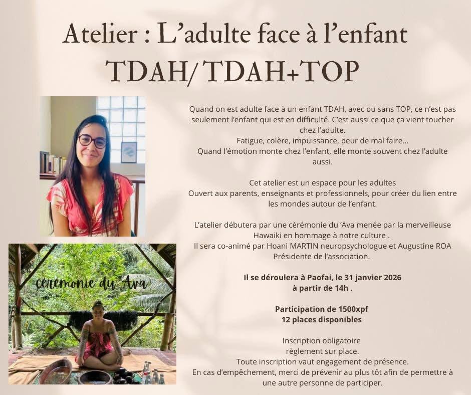 Affiche de l'atelier L'adulte face à l'enfant TDAH / TDAH + TOP