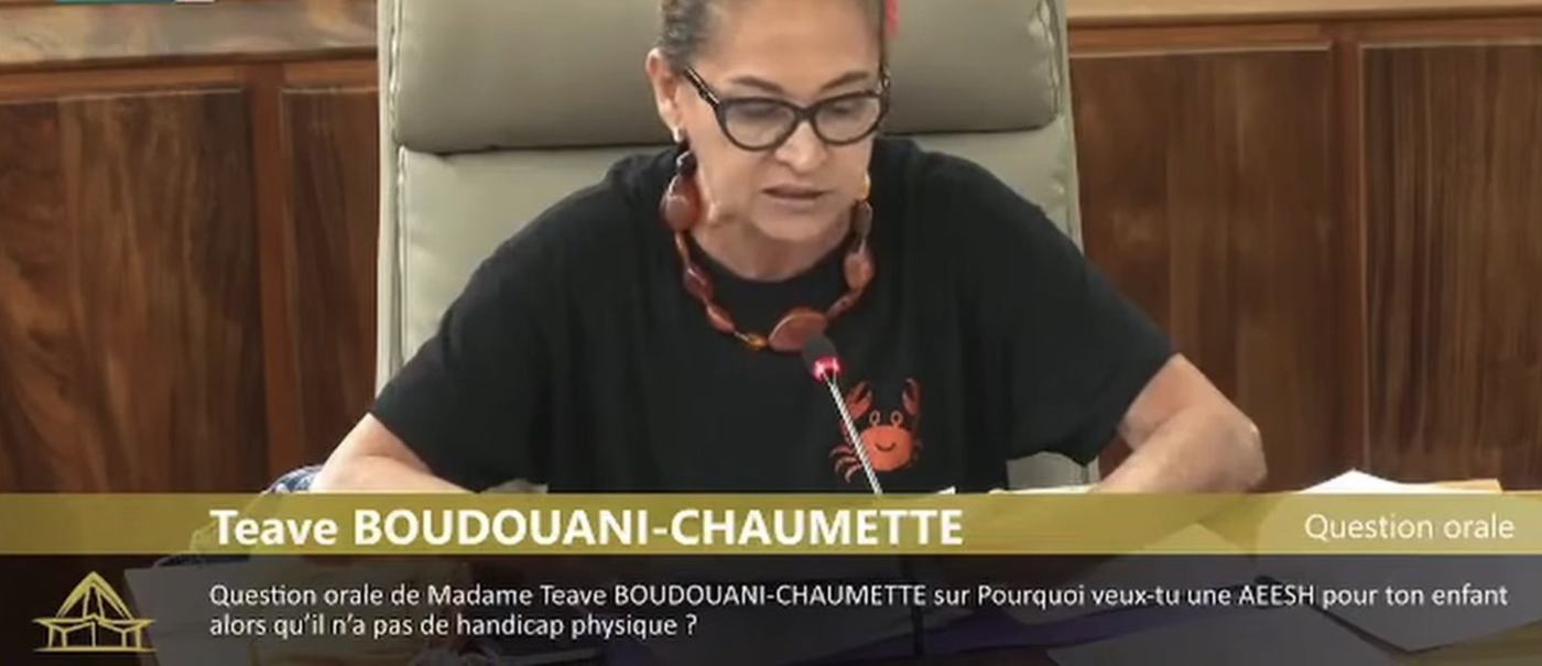 Teave Boudouani-Chaumette, en tee-shirt au crabe de l'association, pose sa question orale à l'Assemblée de la Polynésie française
