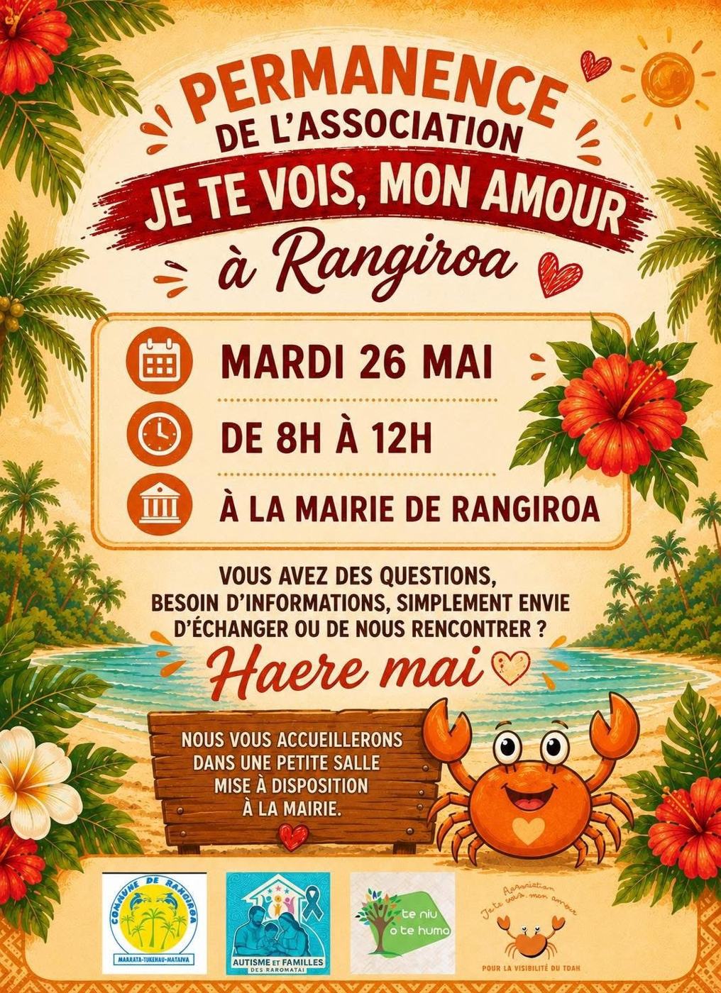 Affiche de la permanence de l'association à la mairie de Rangiroa, mardi 26 mai de 8h à 12h