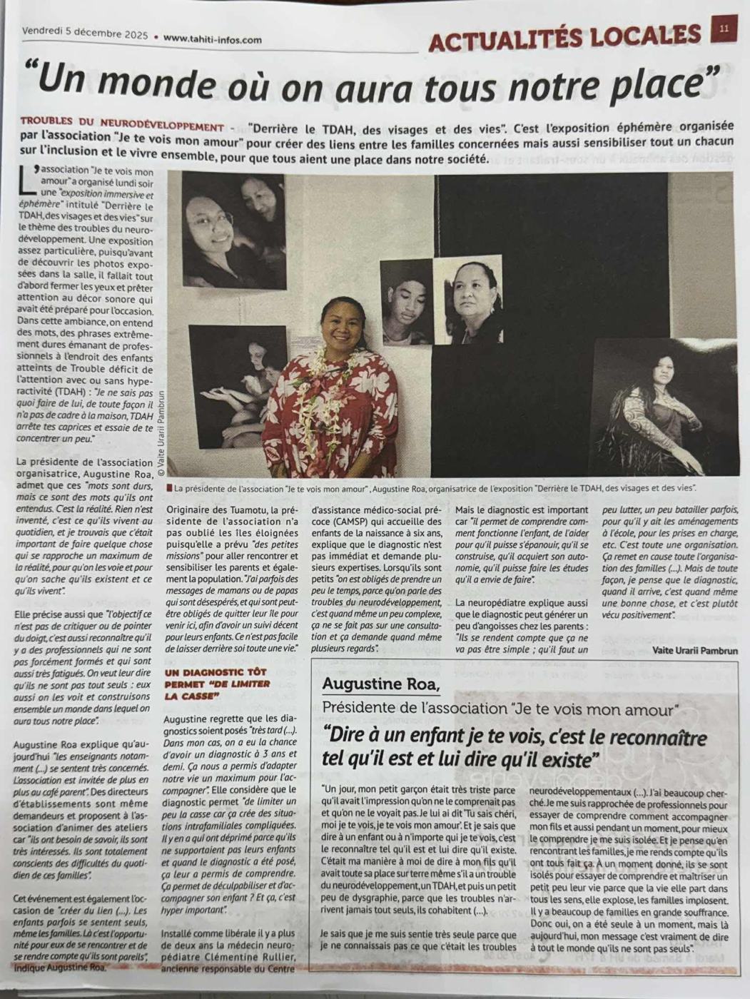 Article de presse consacré à l'exposition immersive « Derrière le TDA/H, des visages et des vies »