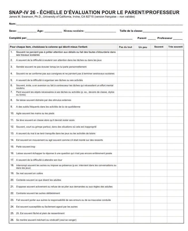 La grille SNAP-IV 26, avec ses 26 comportements et les colonnes pas du tout, un peu, souvent, très souvent