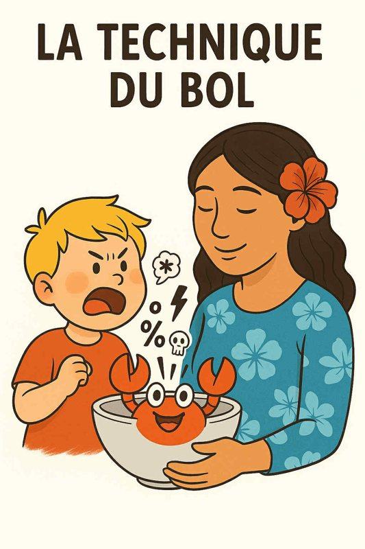 Un enfant en colère crie ; sa maman, calme, tient un bol où tombent ses mots, avec le petit crabe de l'association dedans