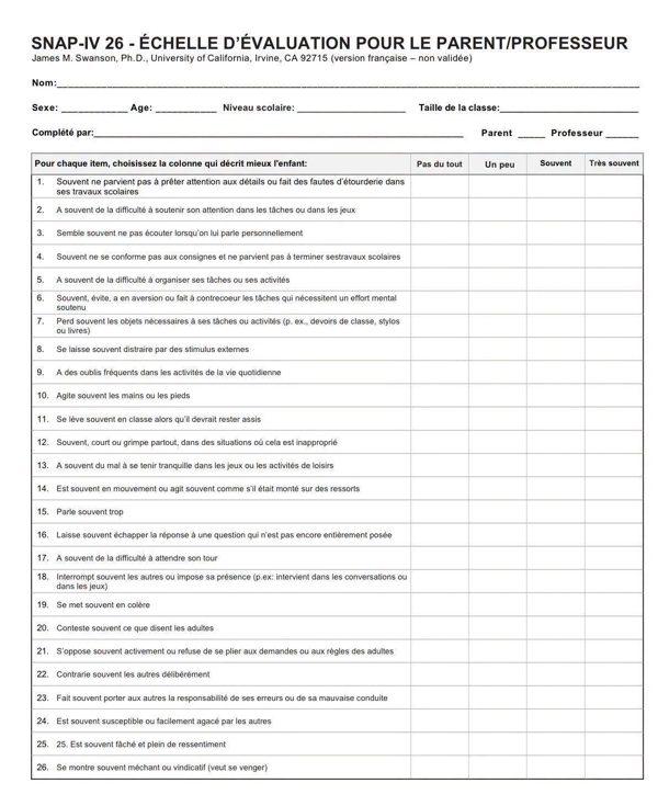 Aperçu du questionnaire SNAP-IV 26 : échelle d'évaluation pour le parent et le professeur, 26 questions à cocher de « pas du tout » à « très souvent »